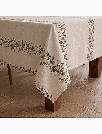 Mantel navideño tacto lino natural con estampado de guirnalda navideña - gamusi.