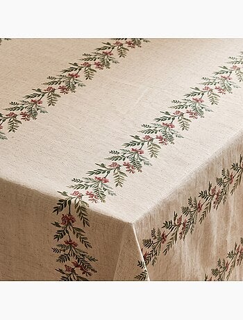 Mantel navideño tacto lino natural con estampado de guirnalda navideña - gamusi.