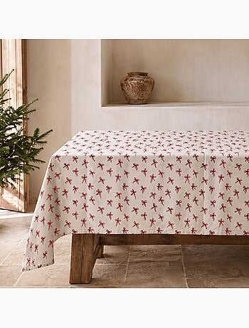 Mantel navideño tacto lino natural con estampado de lazos - gamusi.