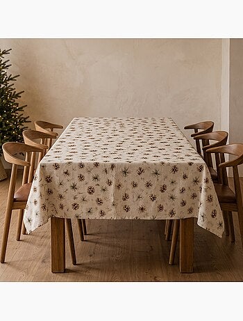 Mantel navideño tacto lino natural con estampado de pinos - gamusi.