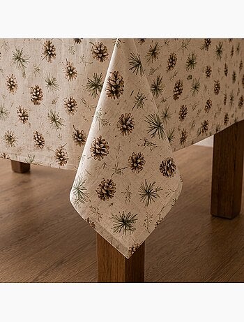 Mantel navideño tacto lino natural con estampado de pinos - gamusi.