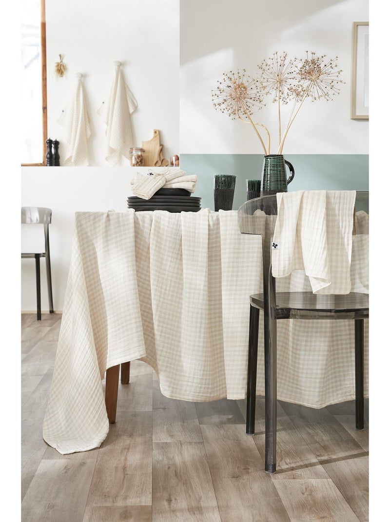 Mantel rectangular – doble gasa de algodón - cuadros vichy - vickie Beige Pampa - Kiabi