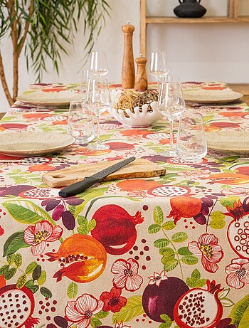 Mantel rectangular plastificado con estampado de frutas