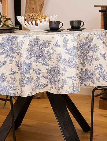 Mantel redondo plastificado con estampado Toile de Jouy