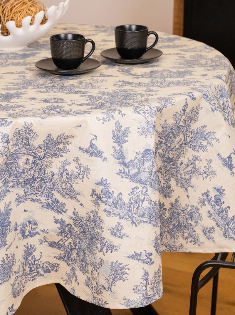 Mantel redondo plastificado con estampado Toile de Jouy Azul - Kiabi