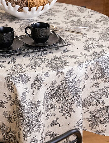 Mantel redondo plastificado con estampado Toile de Jouy