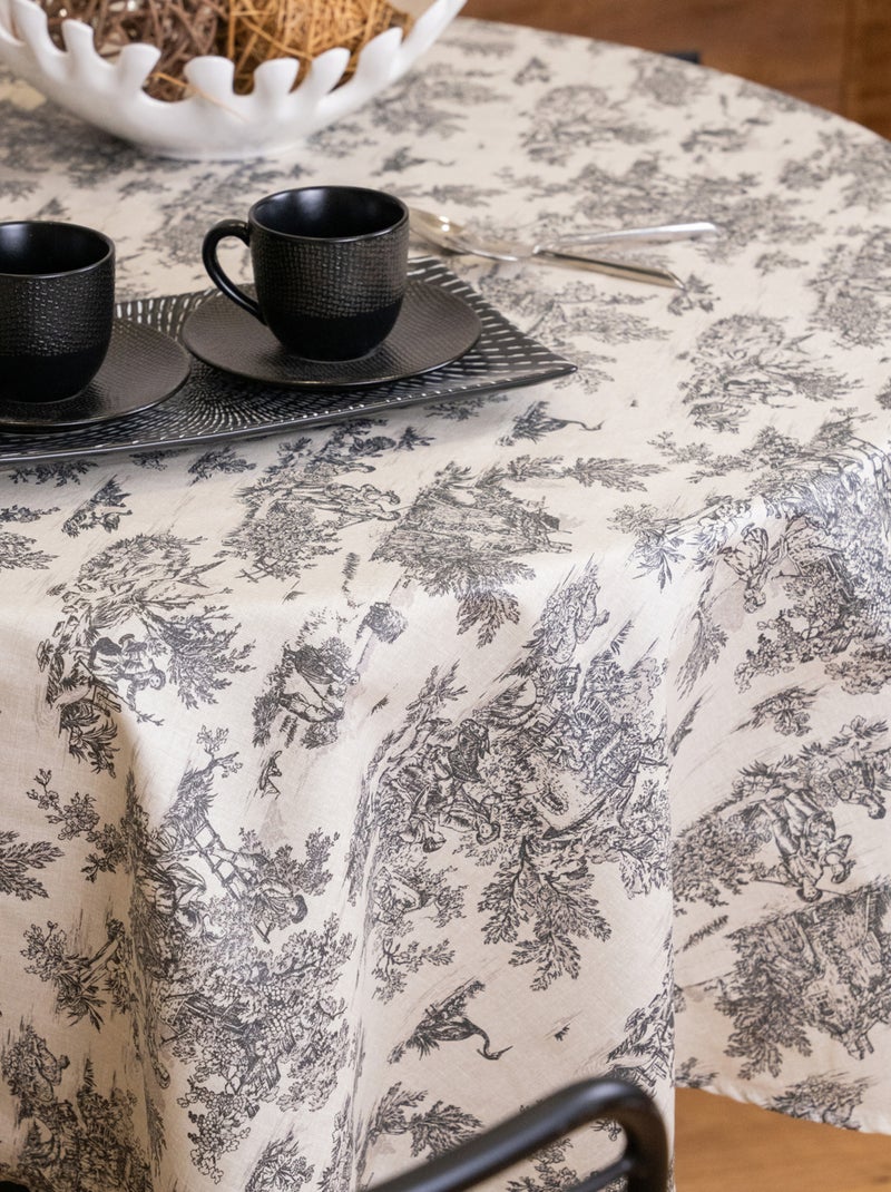 Mantel redondo plastificado con estampado Toile de Jouy Gris oscuro - Kiabi