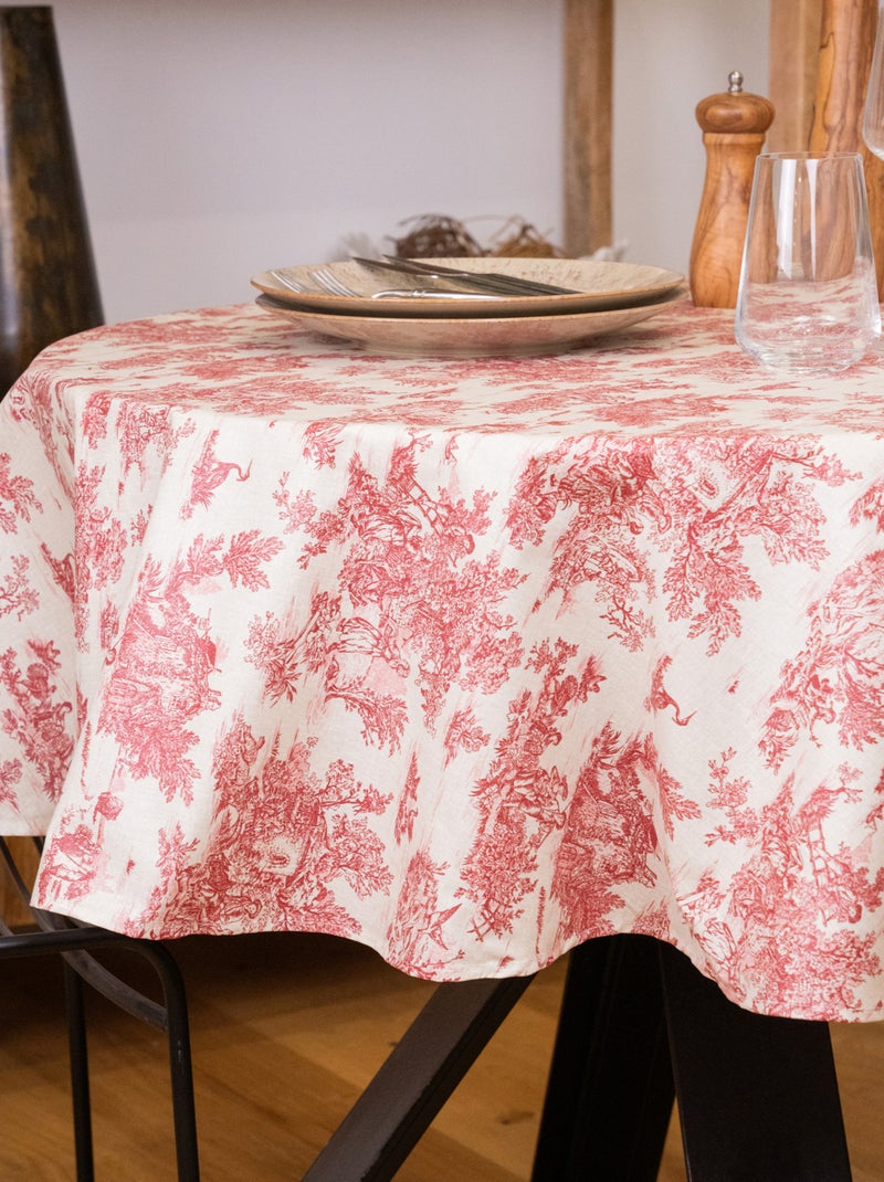 Mantel redondo plastificado con estampado Toile de Jouy Rojo carmín - Kiabi