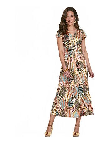 maxi vestido acampanado con estampado safari - AFIBEL