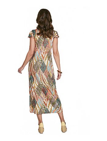 maxi vestido acampanado con estampado safari - AFIBEL