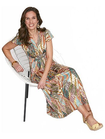 maxi vestido acampanado con estampado safari - AFIBEL