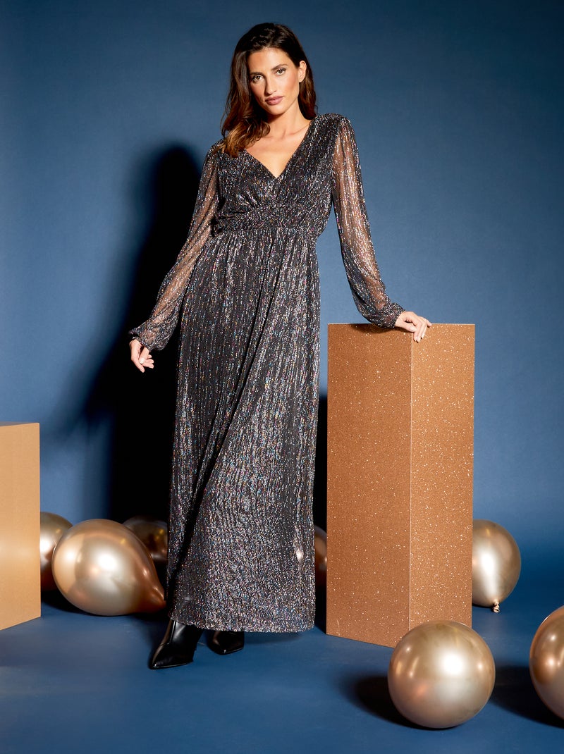 Maxivestido con cuello de pico de fibras metalizadas GRIS - Kiabi
