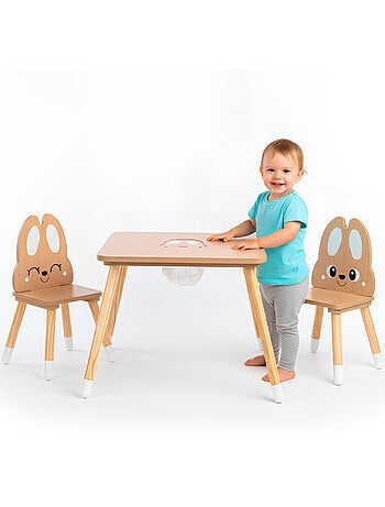 Mesa infantil de madera con almacenaje y 2 sillas diseño conejo – Mamabrum