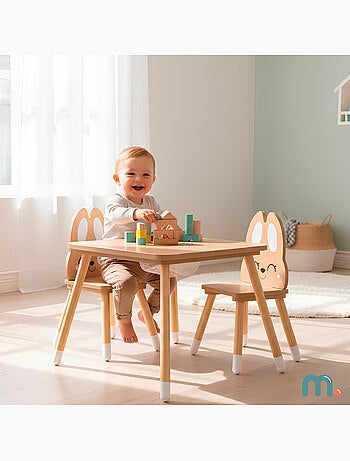 Mesa infantil de madera con almacenaje y 2 sillas diseño conejo – Mamabrum