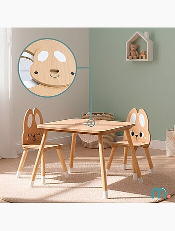 Mesa infantil de madera con almacenaje y 2 sillas diseño conejo – Mamabrum