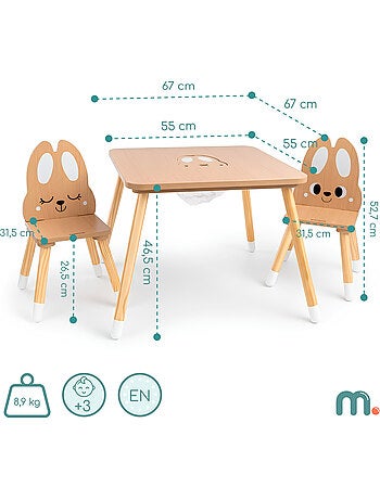 Mesa infantil de madera con almacenaje y 2 sillas diseño conejo – Mamabrum
