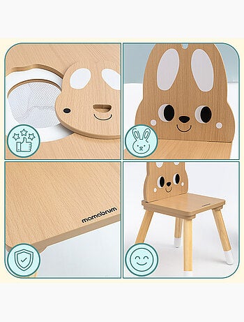 Mesa infantil de madera con almacenaje y 2 sillas diseño conejo – Mamabrum