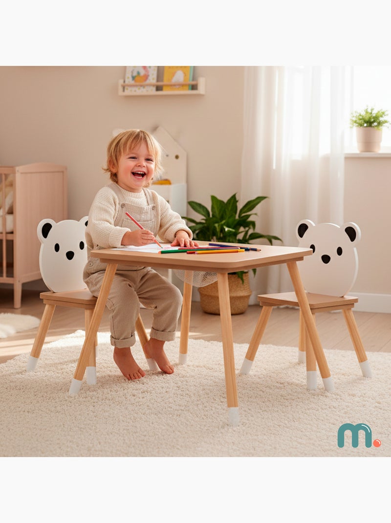 Mesa y 2 sillas infantiles madera con cesto 67x67 Mamabrum Beige - Kiabi