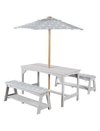 Mesa y bancos de jardín para niños con parasol y 2 cojines 'Roba outdoor+'