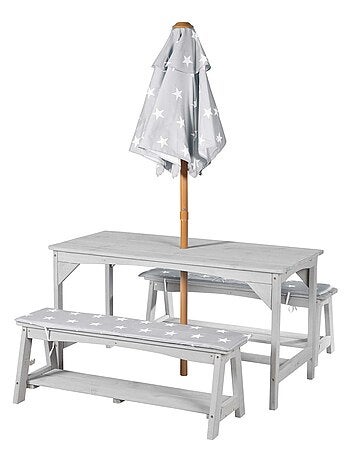 Mesa y bancos de jardín para niños con parasol y 2 cojines 'Roba outdoor+'