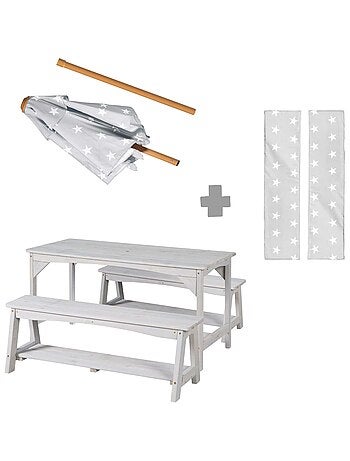 Mesa y bancos de jardín para niños con parasol y 2 cojines 'Roba outdoor+'