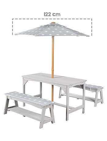 Mesa y bancos de jardín para niños con parasol y 2 cojines 'Roba outdoor+'