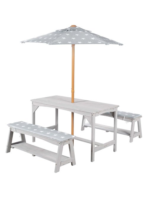 Mesa y bancos de jardín para niños con parasol y 2 cojines 'Roba outdoor+' - Kiabi