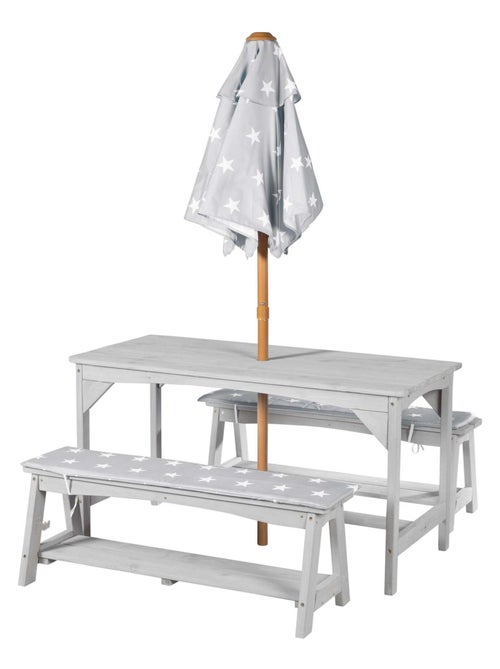 Mesa y bancos de jardín para niños con parasol y 2 cojines 'Roba outdoor+' - Kiabi