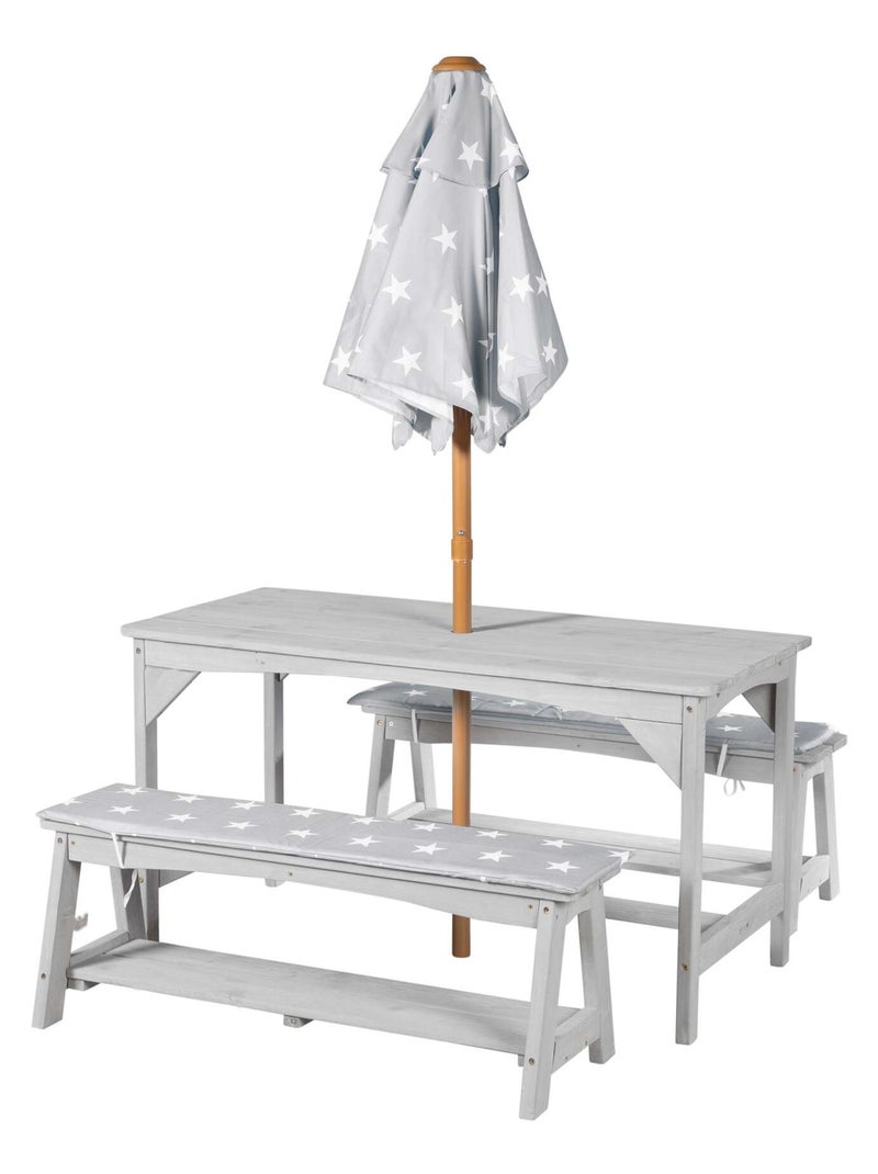 Mesa y bancos de jardín para niños con parasol y 2 cojines 'Roba outdoor+' Gris - Kiabi