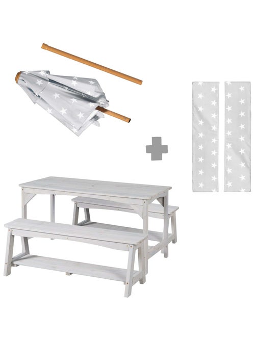 Mesa y bancos de jardín para niños con parasol y 2 cojines 'Roba outdoor+' - Kiabi