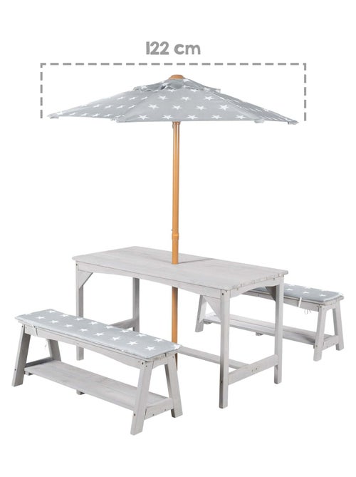 Mesa y bancos de jardín para niños con parasol y 2 cojines 'Roba outdoor+' - Kiabi