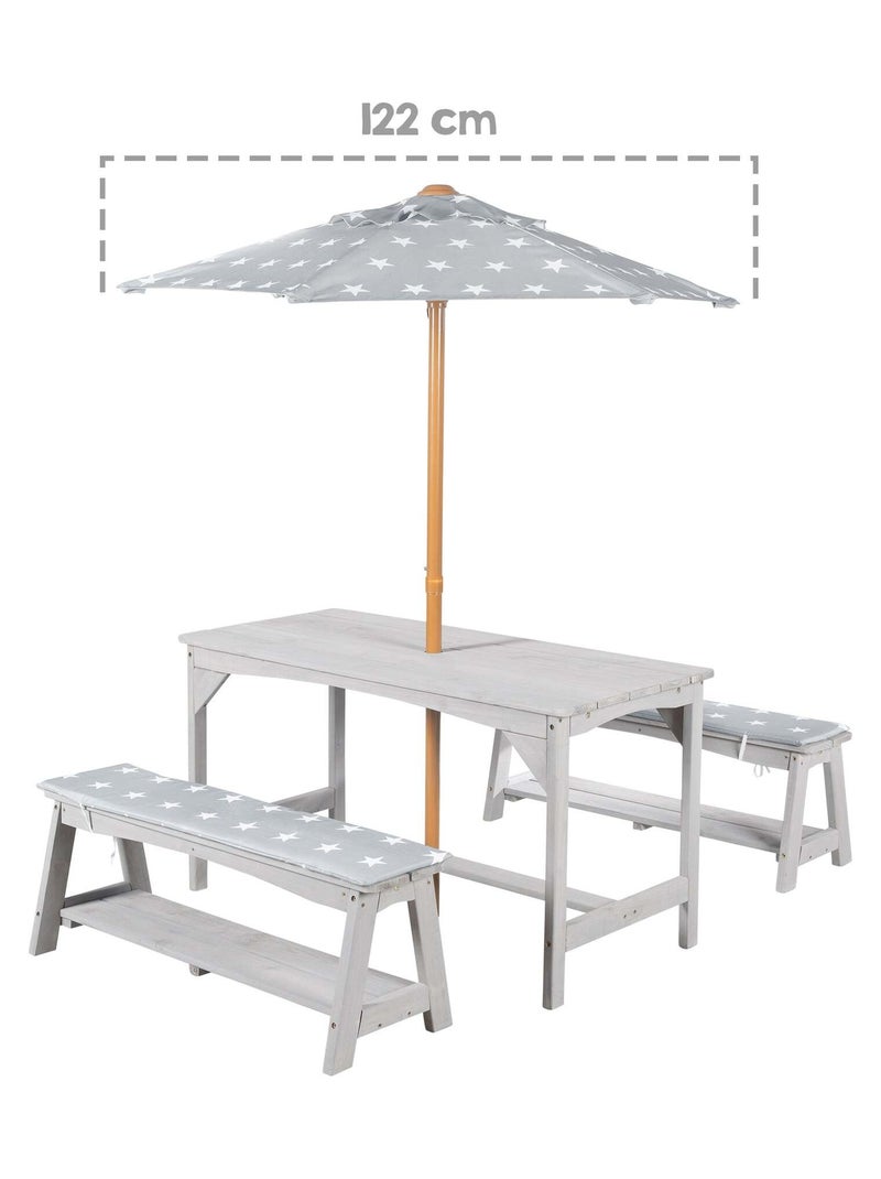 Mesa y bancos de jardín para niños con parasol y 2 cojines 'Roba outdoor+' Gris - Kiabi