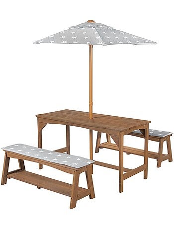 Mesa y bancos de jardín para niños con parasol y 2 cojines 'Roba outdoor+'