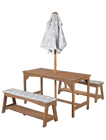 Mesa y bancos de jardín para niños con parasol y 2 cojines 'Roba outdoor+'