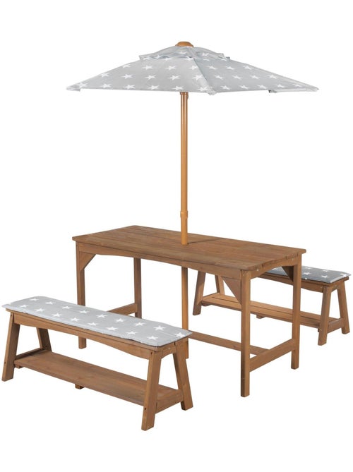 Mesa y bancos de jardín para niños con parasol y 2 cojines 'Roba outdoor+' - Kiabi