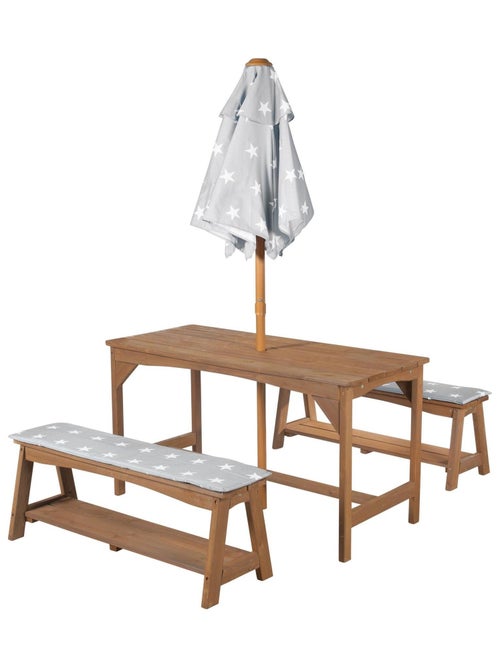 Mesa y bancos de jardín para niños con parasol y 2 cojines 'Roba outdoor+' - Kiabi