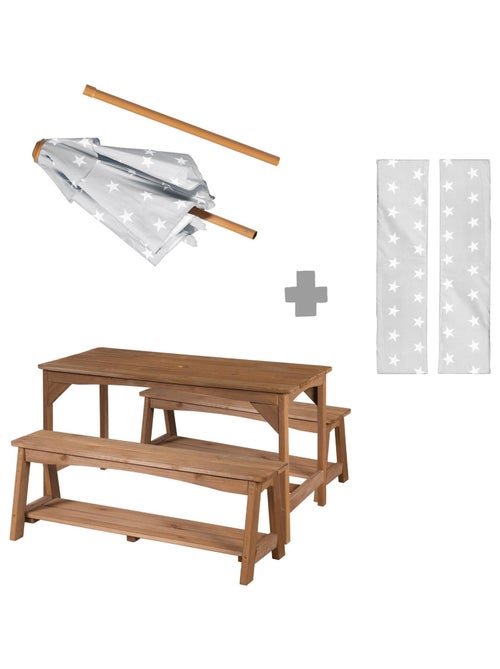 Mesa y bancos de jardín para niños con parasol y 2 cojines 'Roba outdoor+' - Kiabi