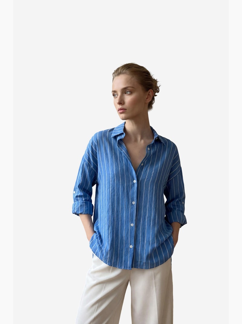 Mi moda camisa de popelina a rayas con botones my fashion Azul zafiro - Kiabi