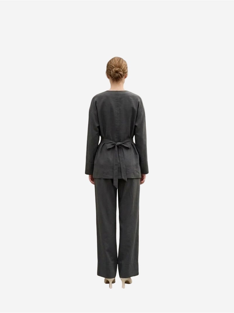 Mi moda conjunto de dos piezas con cuello en v y manga larga con cinturón my fashion Gris negro - Kiabi
