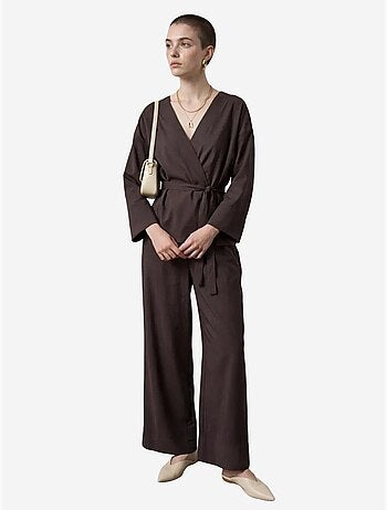 Mi moda conjunto de dos piezas con cuello en v y manga larga con cinturón my fashion