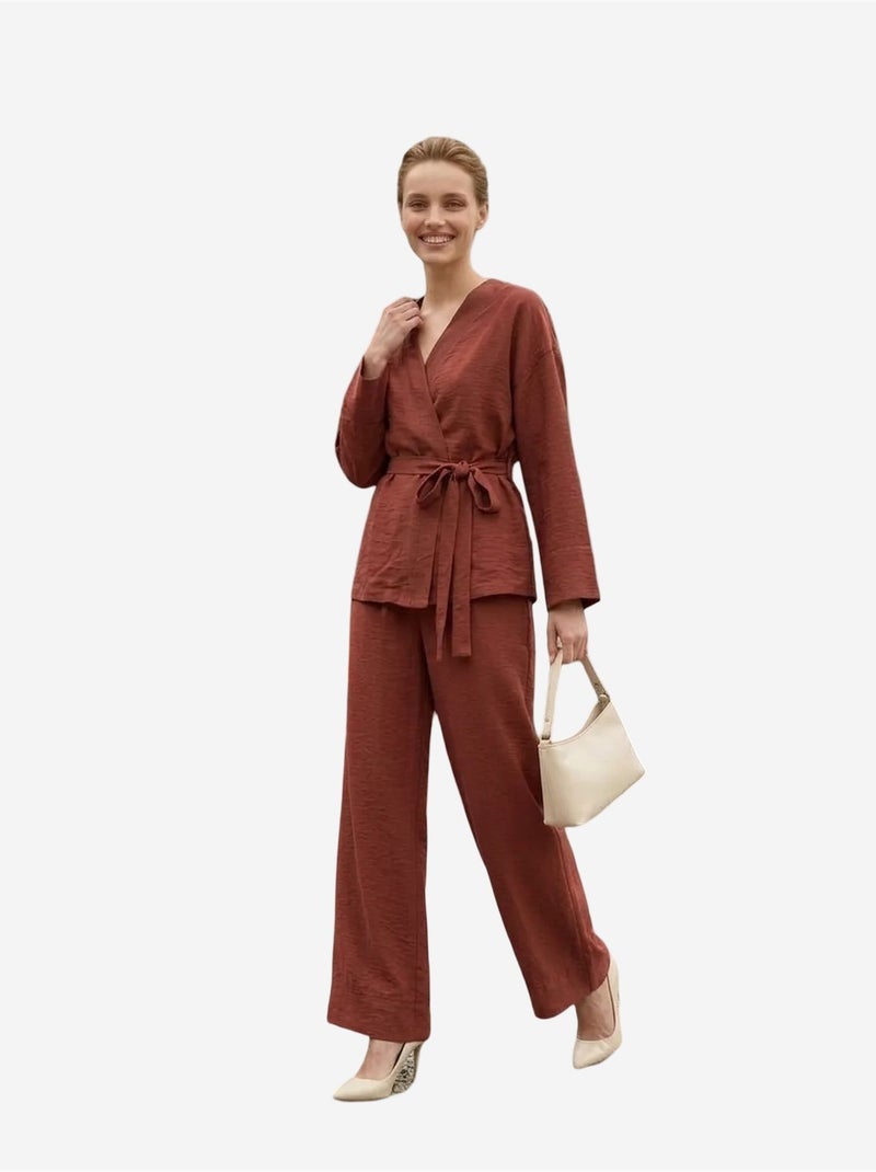 Mi moda conjunto de dos piezas con cuello en v y manga larga con cinturón my fashion Terracota - Kiabi
