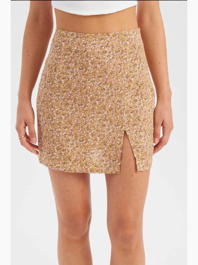 Minifalda floral de cintura alta con abertura lateral hiccup Naranja - Kiabi