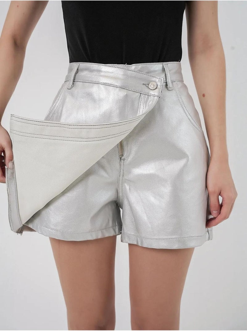 Minifalda pantalón de tela metalizada de cintura alta con cierre de botón bdart Plata - Kiabi