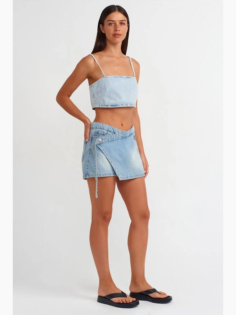 Minifalda skater vaquera con cinturón dilvin Azul claro - Kiabi