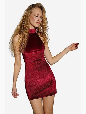 Minivestido ajustado de terciopelo con cuello halter hiccup