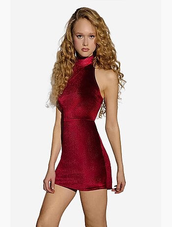 Minivestido ajustado de terciopelo con cuello halter hiccup