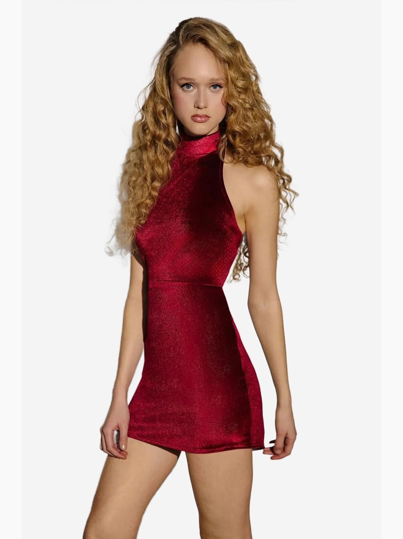 Minivestido ajustado de terciopelo con cuello halter hiccup Rojo - Kiabi