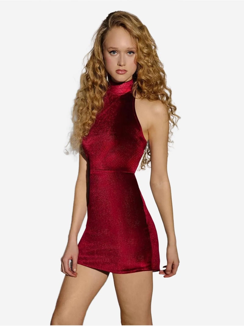 Minivestido ajustado de terciopelo con cuello halter Rojo - Kiabi