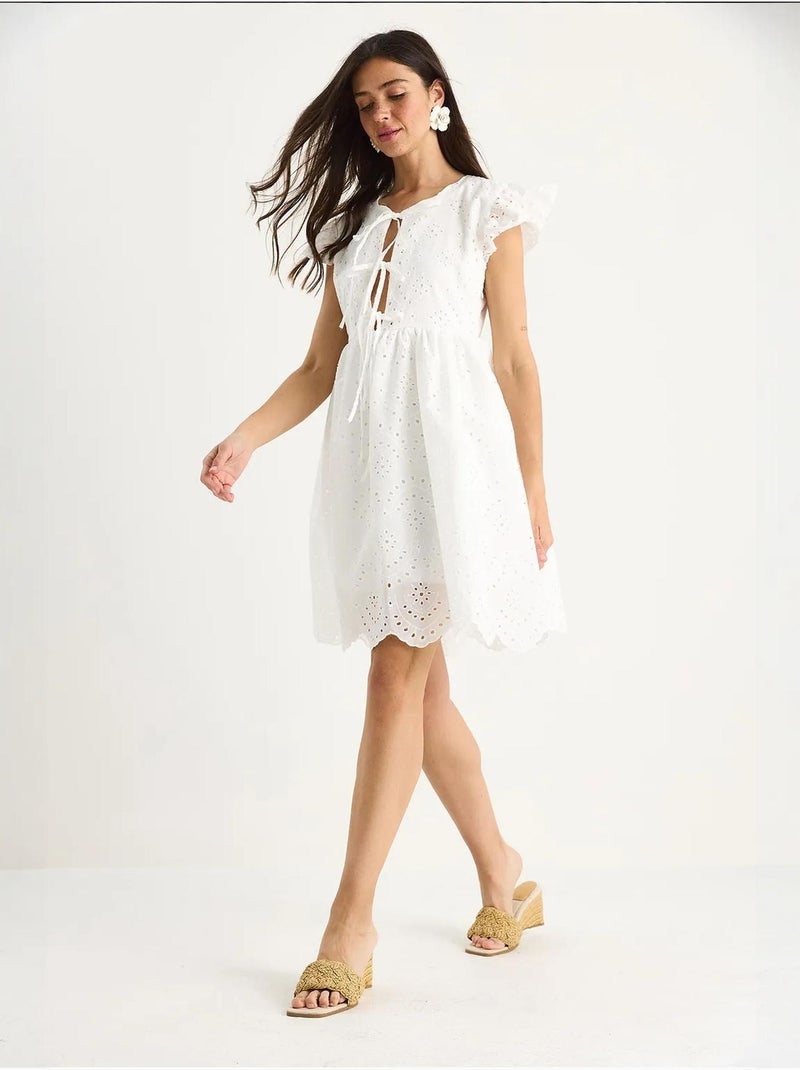 Minivestido con detalle de lazo y forro de ojales lucci Blanco - Kiabi