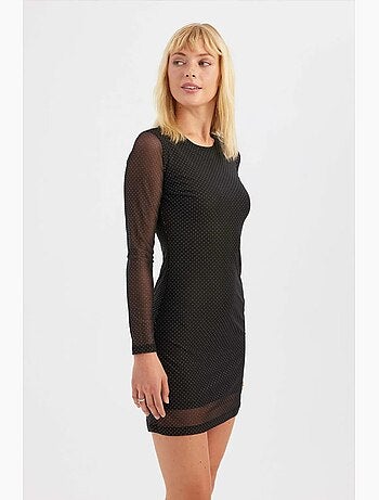 Minivestido de manga larga con cuello redondo de malla y adornos de piedras hiccup